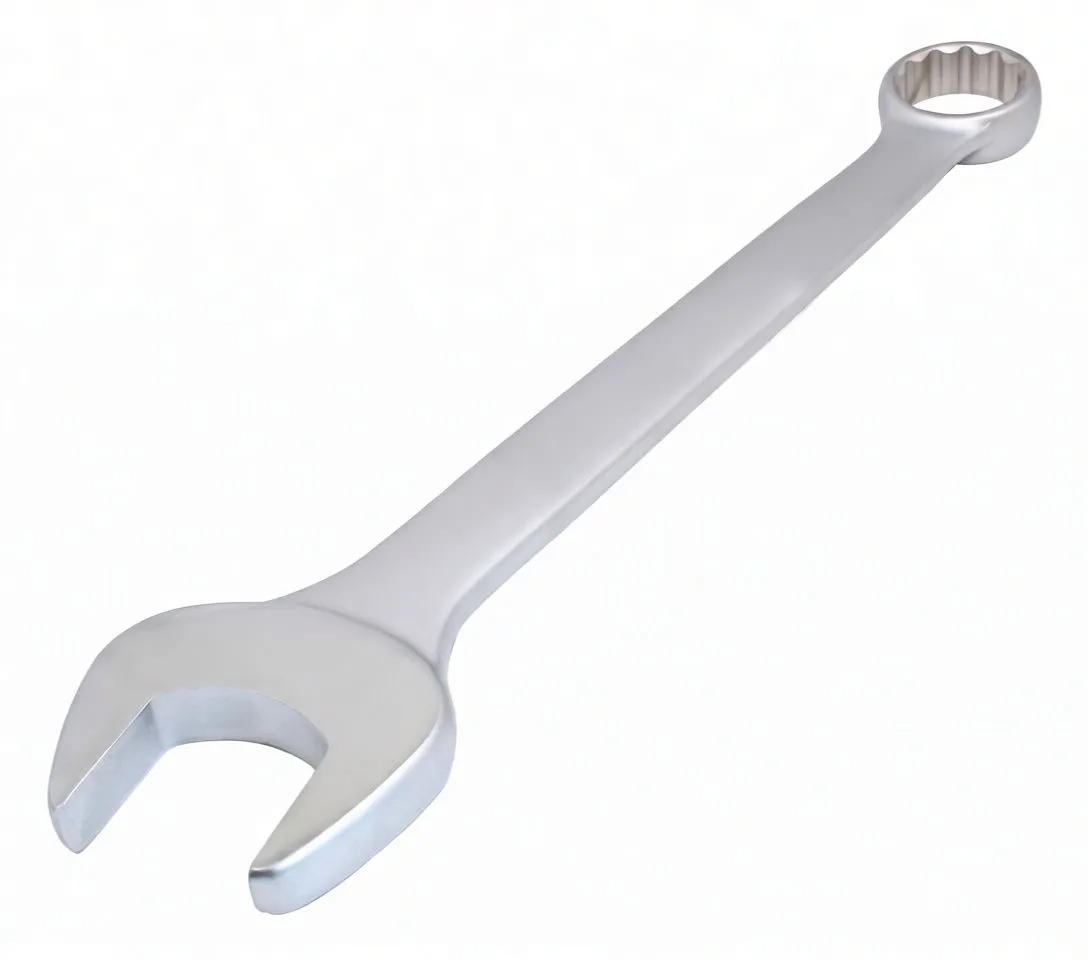 Diagonal view of a polished combination wrench showing open jaw in front and 12-point boxed end in the distance