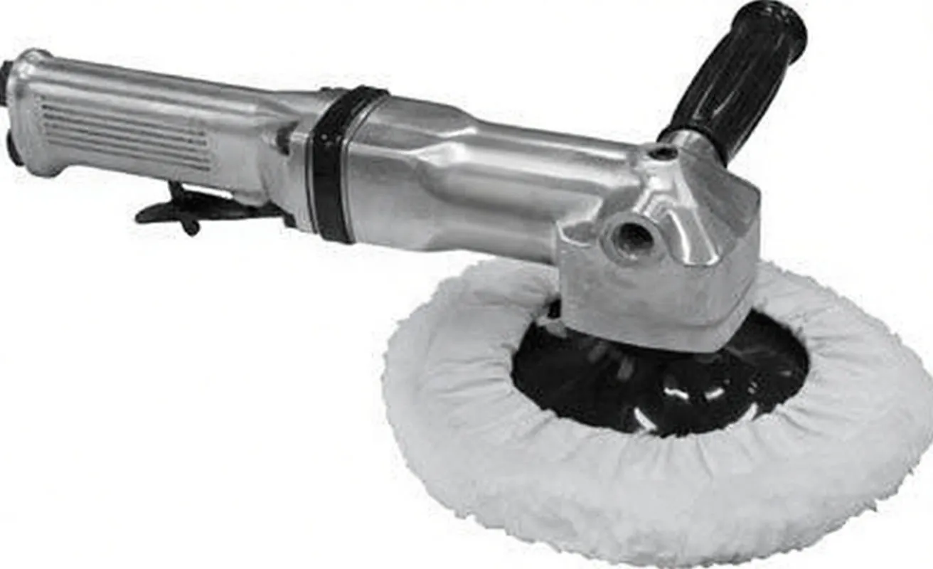 Polisher with white buffing pad attached, silver body and side logo