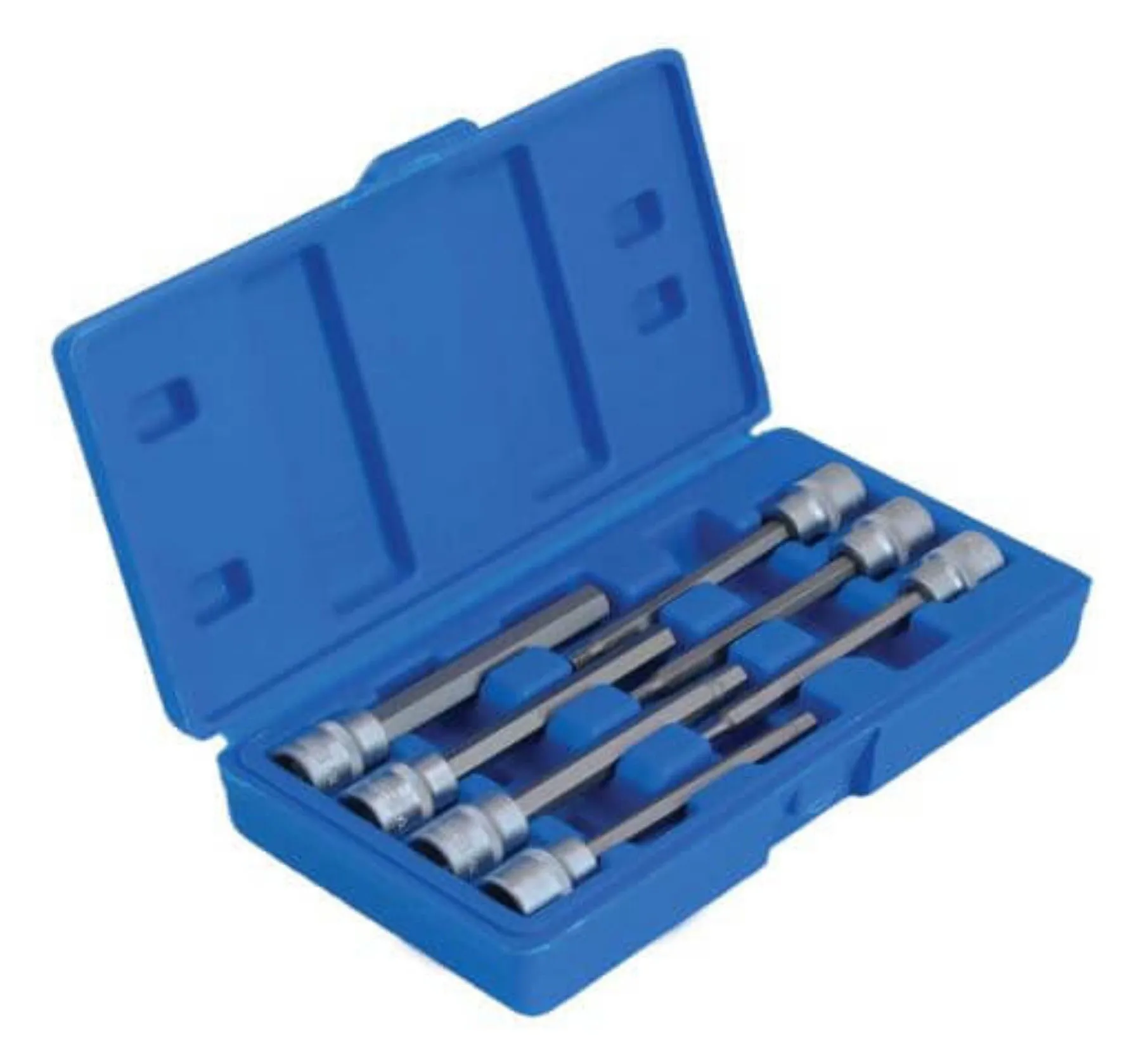 Angled view of an open blue case containing seven long hex bit sockets with silver heads and black shafts, showing molded interior and stamped markings on sockets