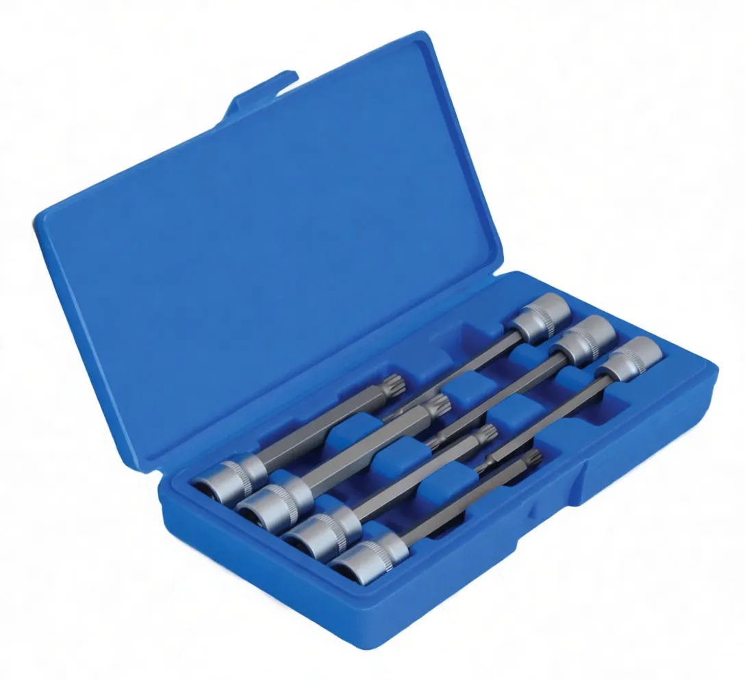 Angled open blue case showing long star bit sockets with silver 3/8" drive ends and long dark shafts