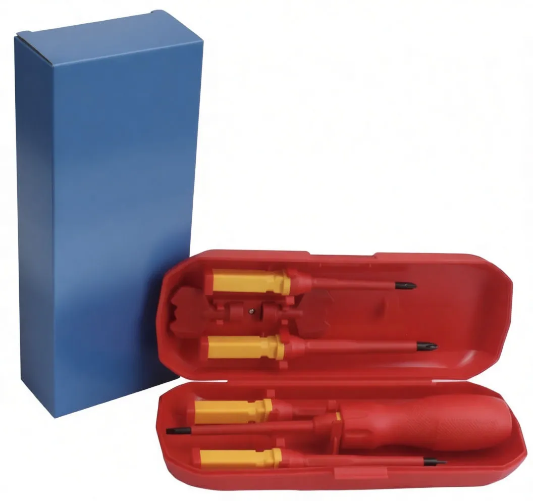 Open case close-up of black/red handle and multiple red insulated shafts with yellow shanks showing printed markings