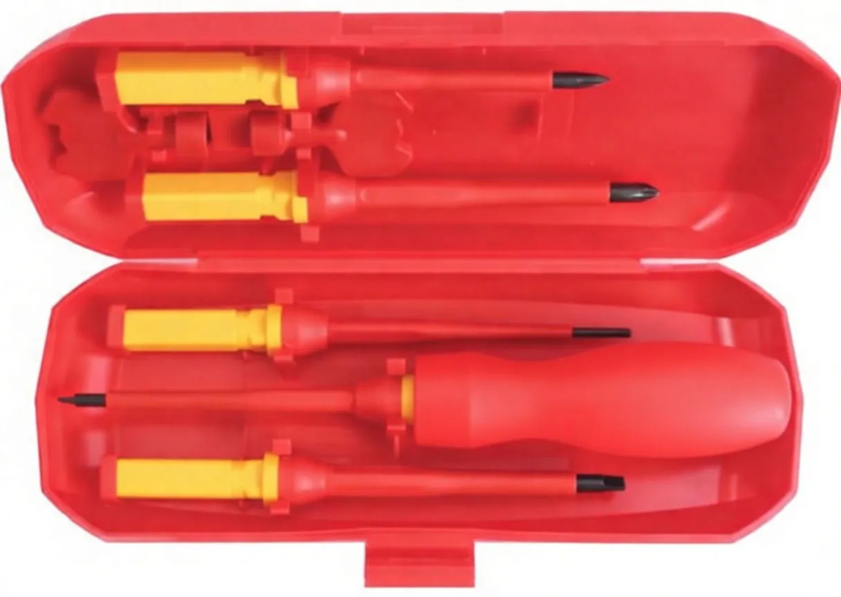 Disassembled view showing handle, five red insulated screwdriver shafts with yellow marked shanks and two small red adapter pieces