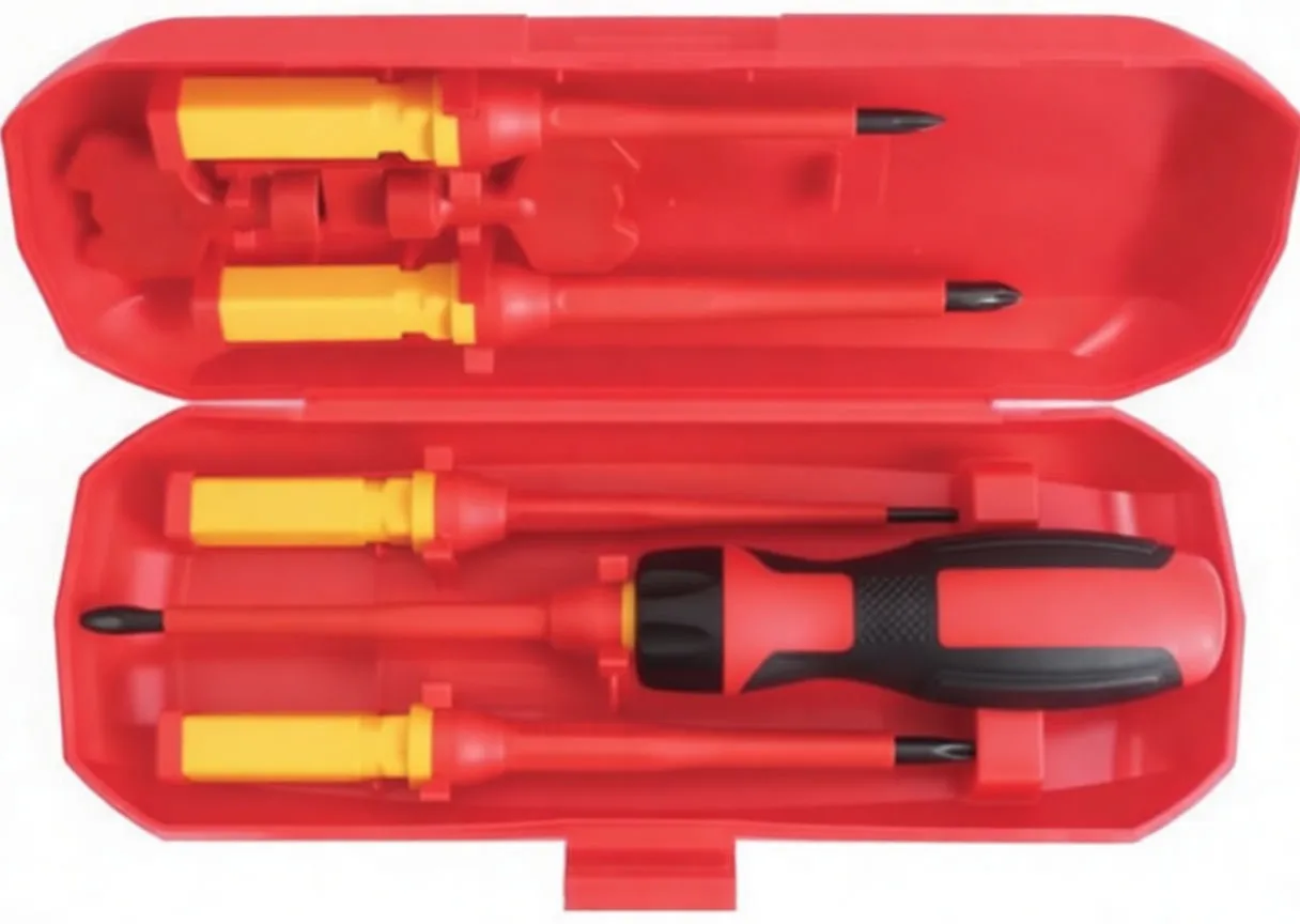 Angled open case showing brand-marked handle and three insulated screwdriver shafts with yellow marked shanks