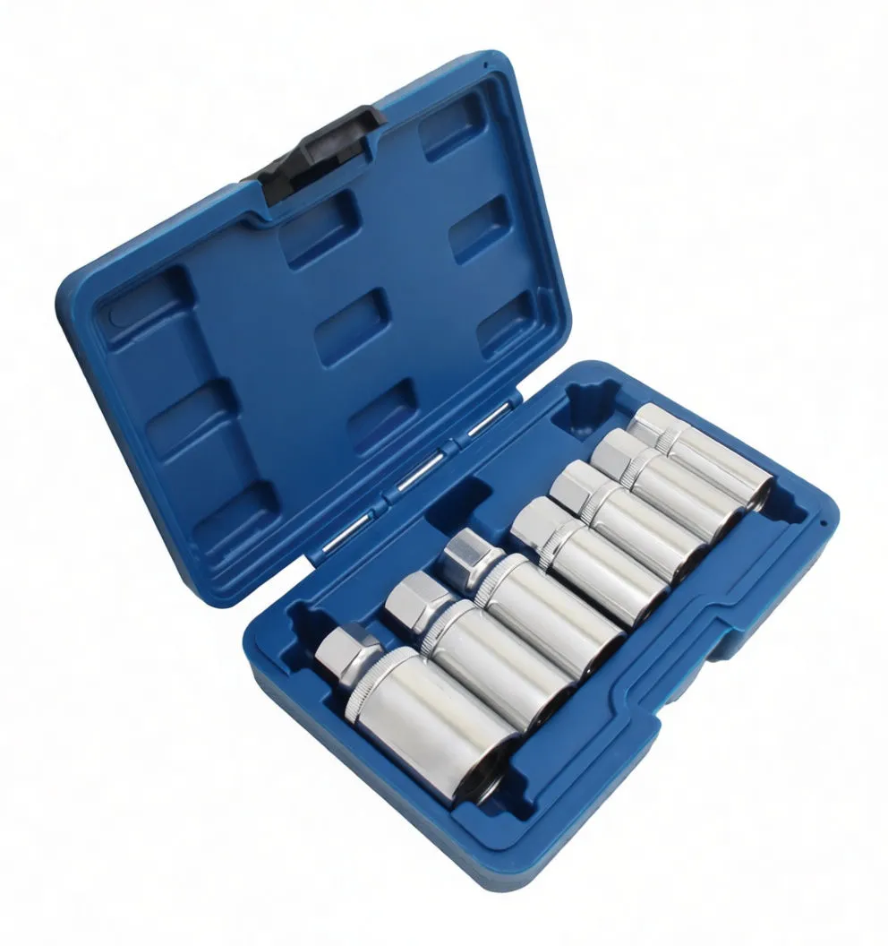 Angled view of open blue case with row of chrome stud puller sockets showing knurled collars and stamped sizes