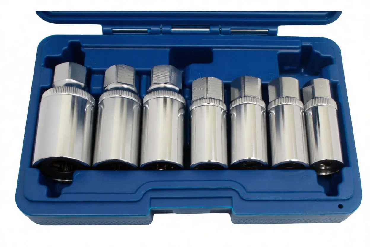 Close-up of seven chrome stud puller sockets in blue case with visible CR‑V and size markings 14mm–5mm
