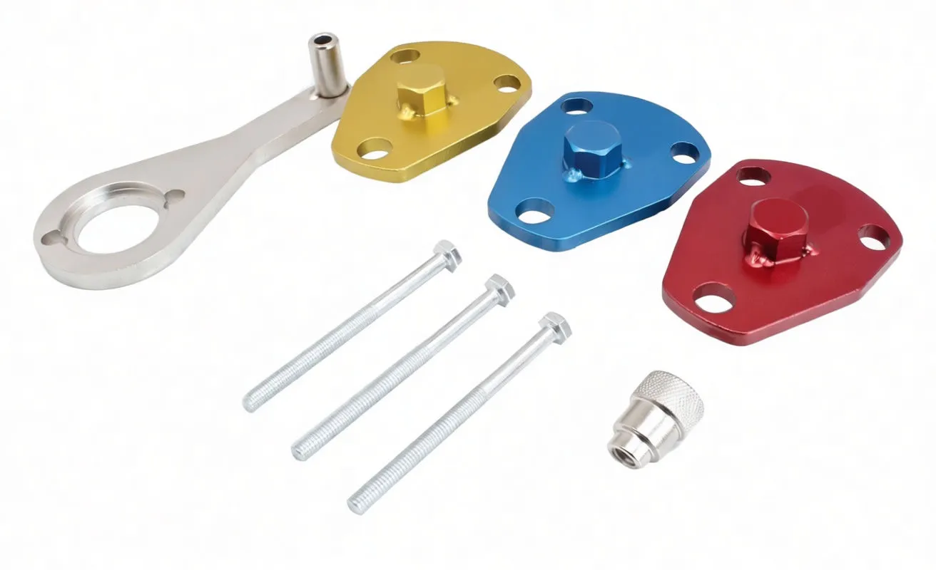 Three colored timing plates, a silver timing arm, three bolts and an adapter laid out on white background