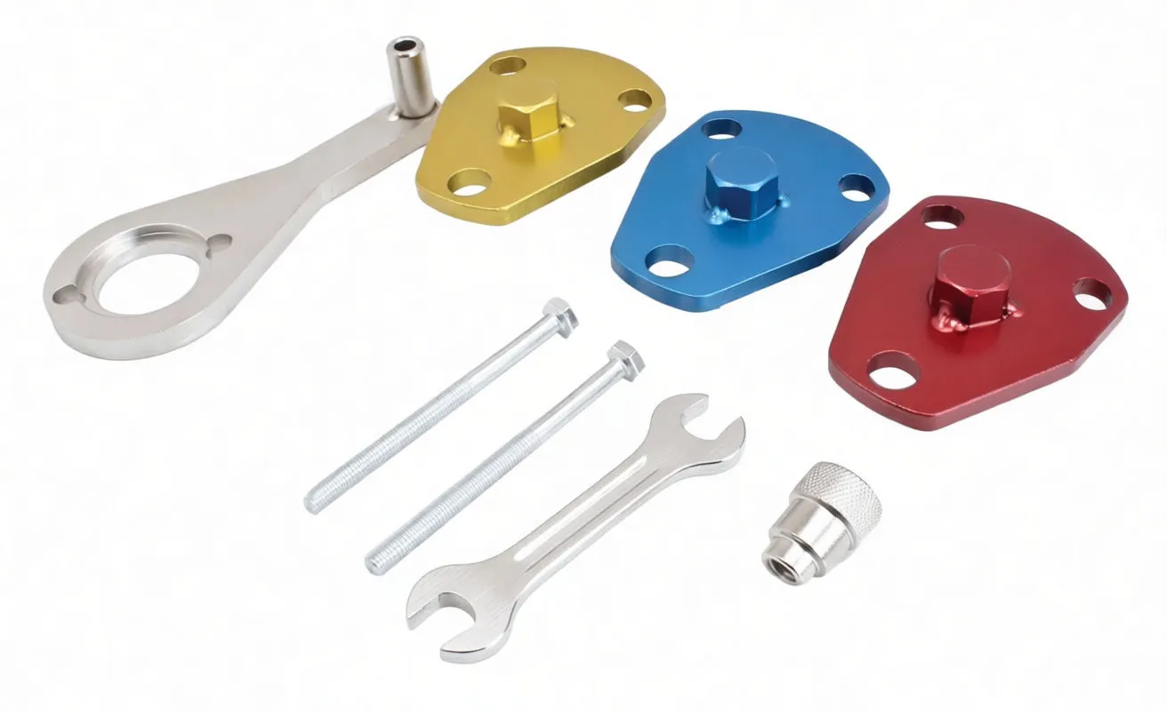 Angled view of open blue case showing timing plates, arm, bolts and yellow instruction sticker