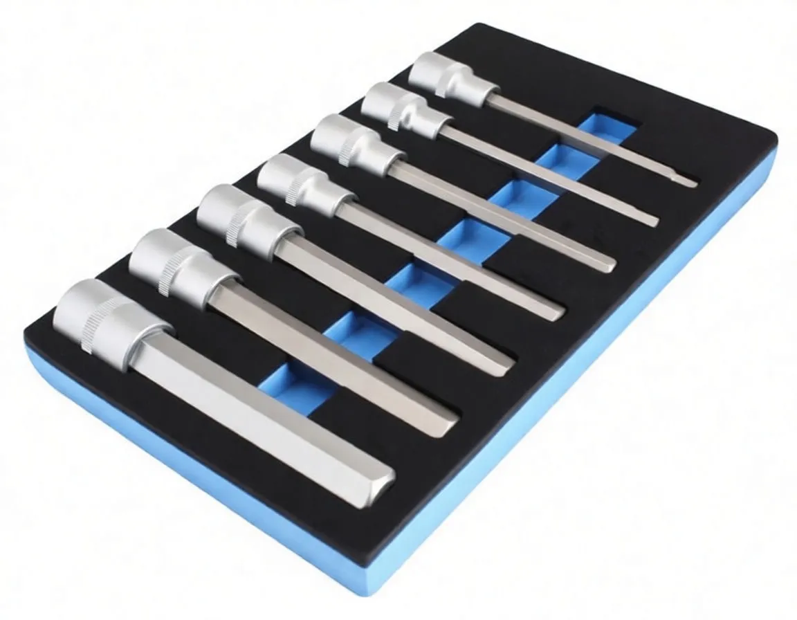 Angled view of eight long hex bit sockets in foam tray showing chrome socket ends, engraved markings and white size labels (H7, H8, H10, H12, etc.).
