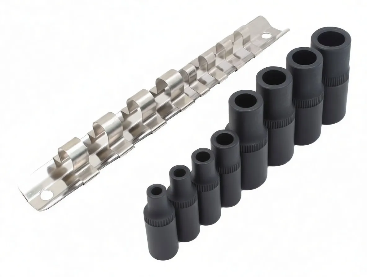 Close-up of sockets in metal rail with inset circles showing internal magnetic insert and square drive recess; 'satra' branding visible.