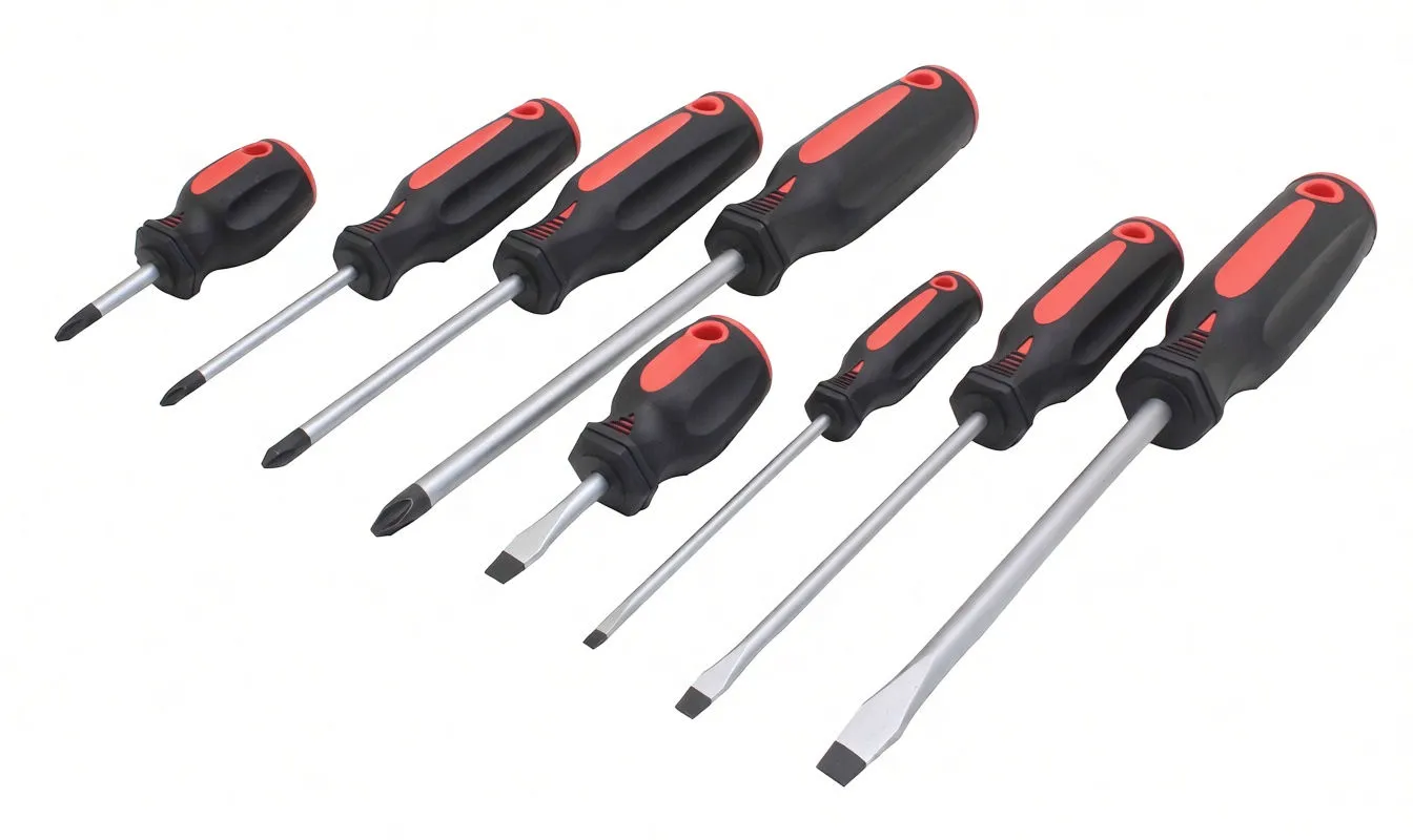 Eight screwdrivers of various sizes with black and red handles laid out on white background showing slotted and Phillips tips
