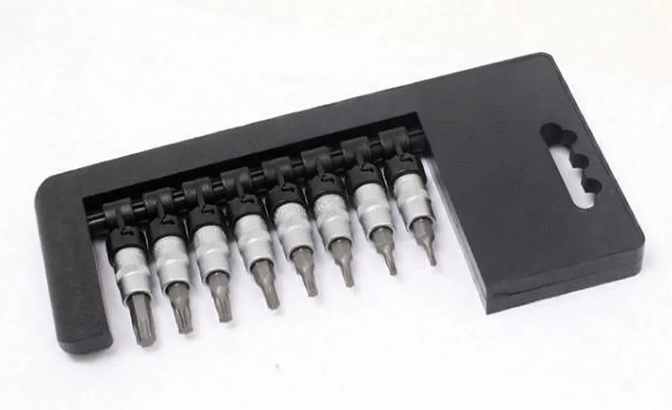Angled view of eight Torx socket bits in black holder with blue ASTA label, bits aligned and progressively sized