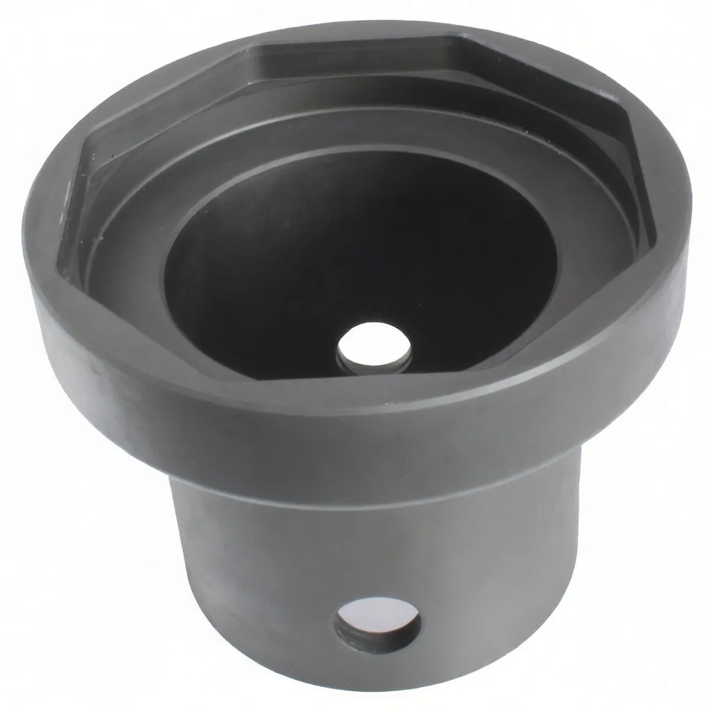 Top-forward view into an 8-sided hub socket showing internal octagon recess, central through-hole, flanged rim and printed code on the shank.