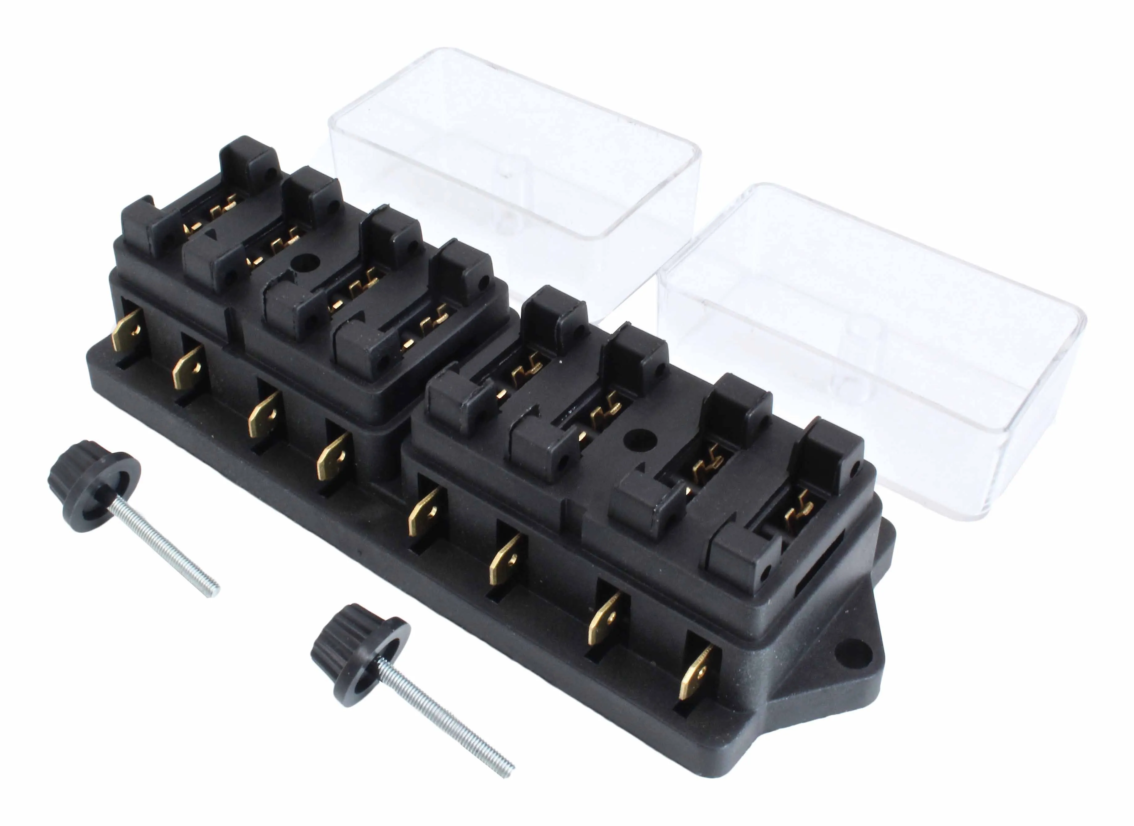 Eight-slot blade fuse holder with covers removed showing gold contacts and two thumb screws