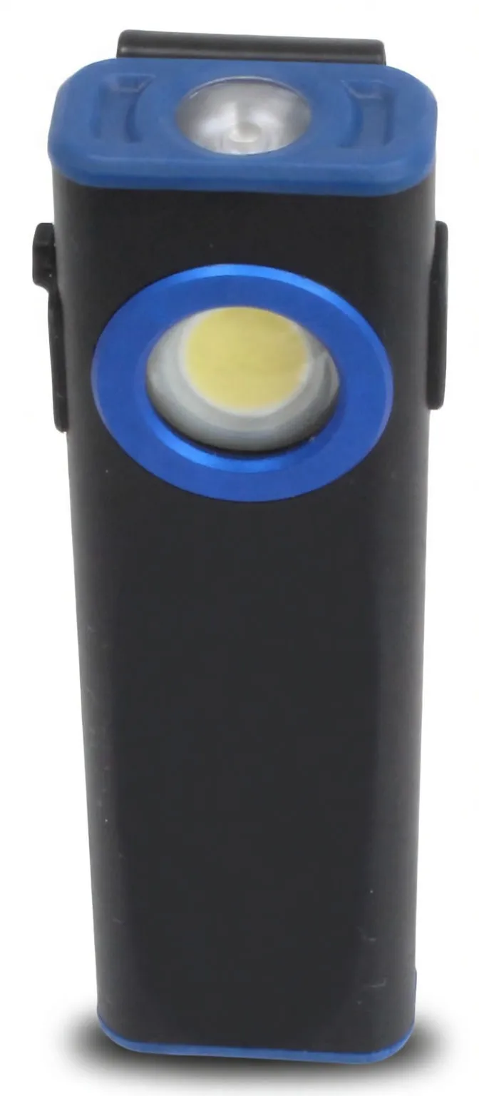 Back view of work light with metal clip, printed specifications (800LM, 3.7V 1200mAh), CE and recycling marks and ASTA branding