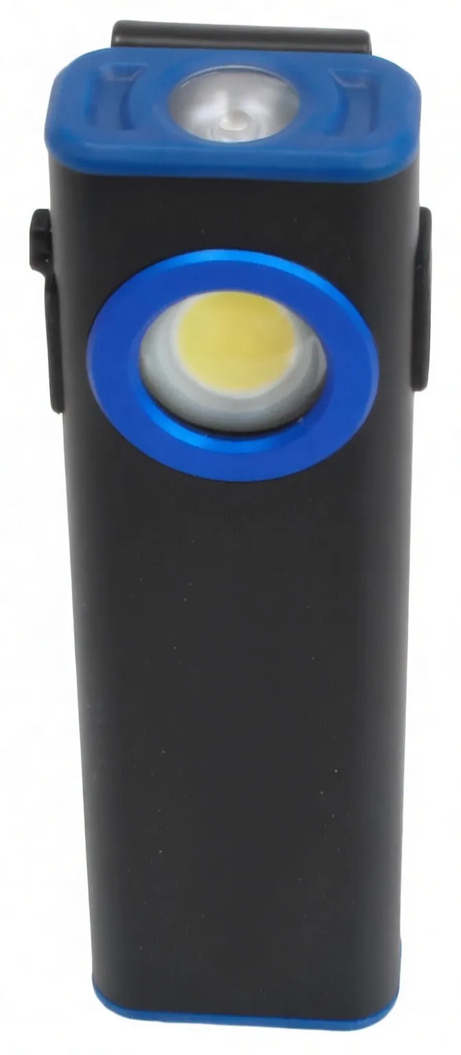 Front end of ASTA work light showing large COB LED, smaller top LED, blue trim and ASTA A-GAL98 marking