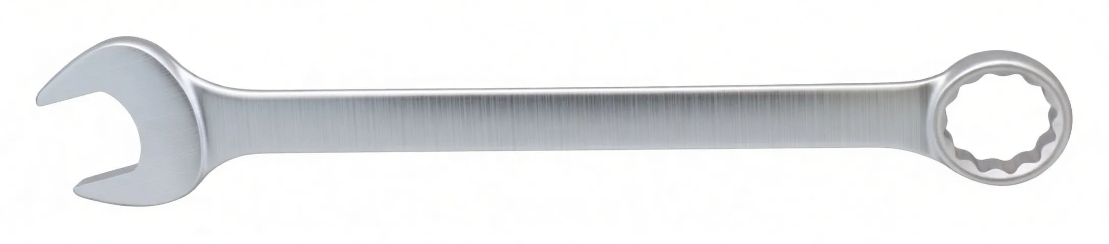 Perspective view of a silver flat combination wrench with ring end near camera and open end farther away