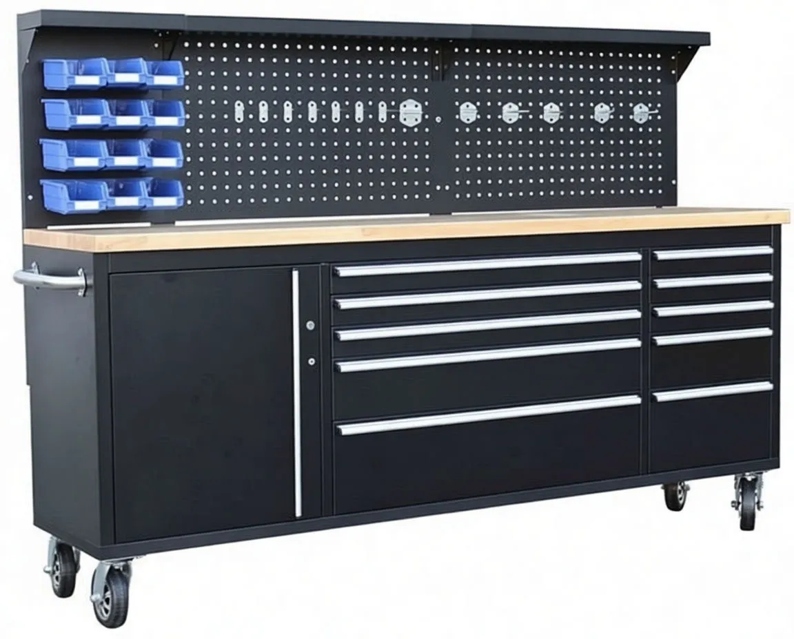 Front view of black rolling tool cabinet with wood top, pegboard, blue bins, ten drawers, side cabinet and casters