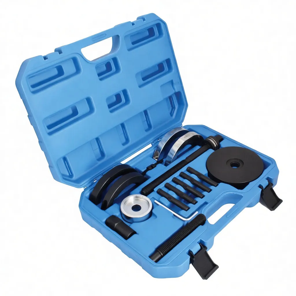 All components of bearing press kit laid out: press plates, semicircular adapters, threaded rod, bolts, spacer cup and hex key