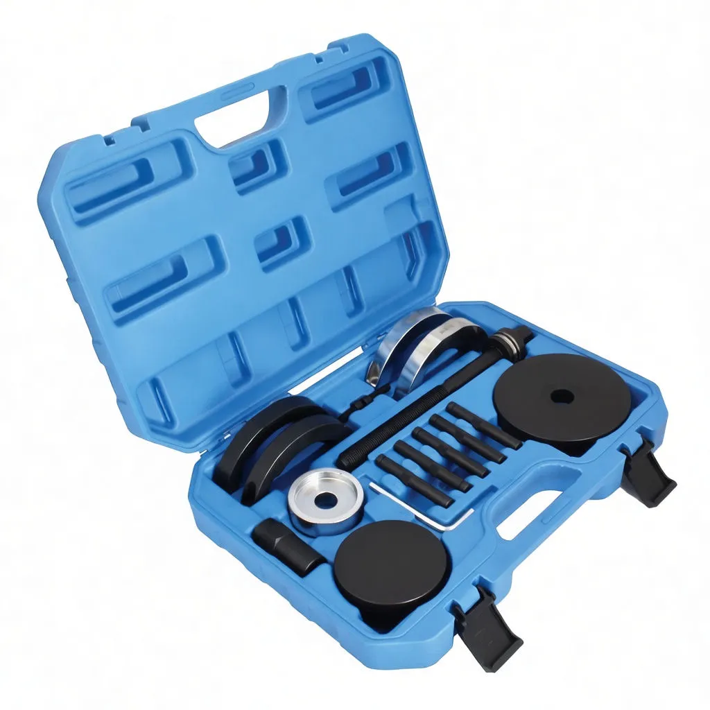 Angled shot of blue case with bearing press kit: curved adapters, threaded rod, black press plates and small bolts