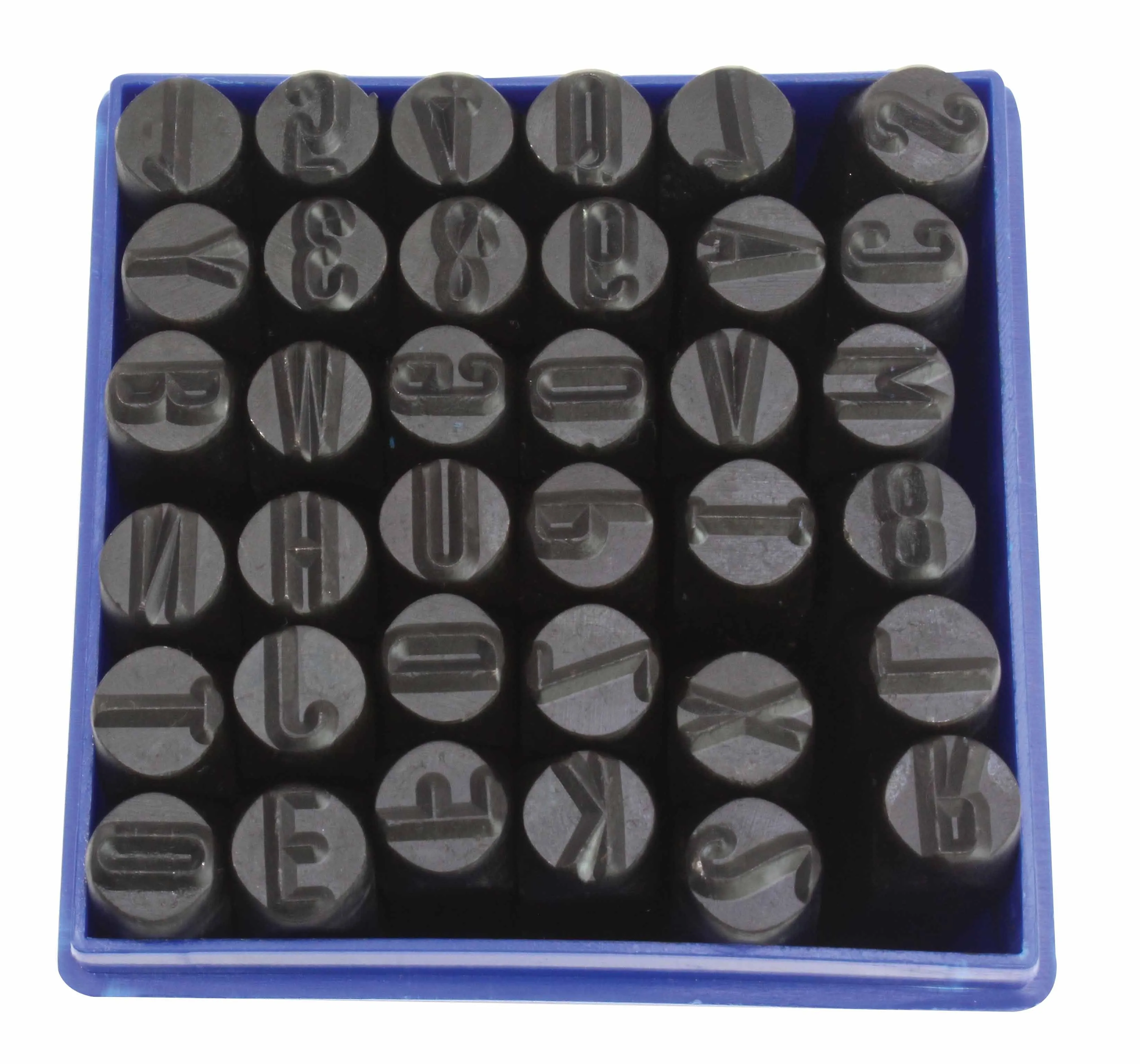 Top view of 36 metal punch heads in a blue tray showing raised letters and numbers on each round face
