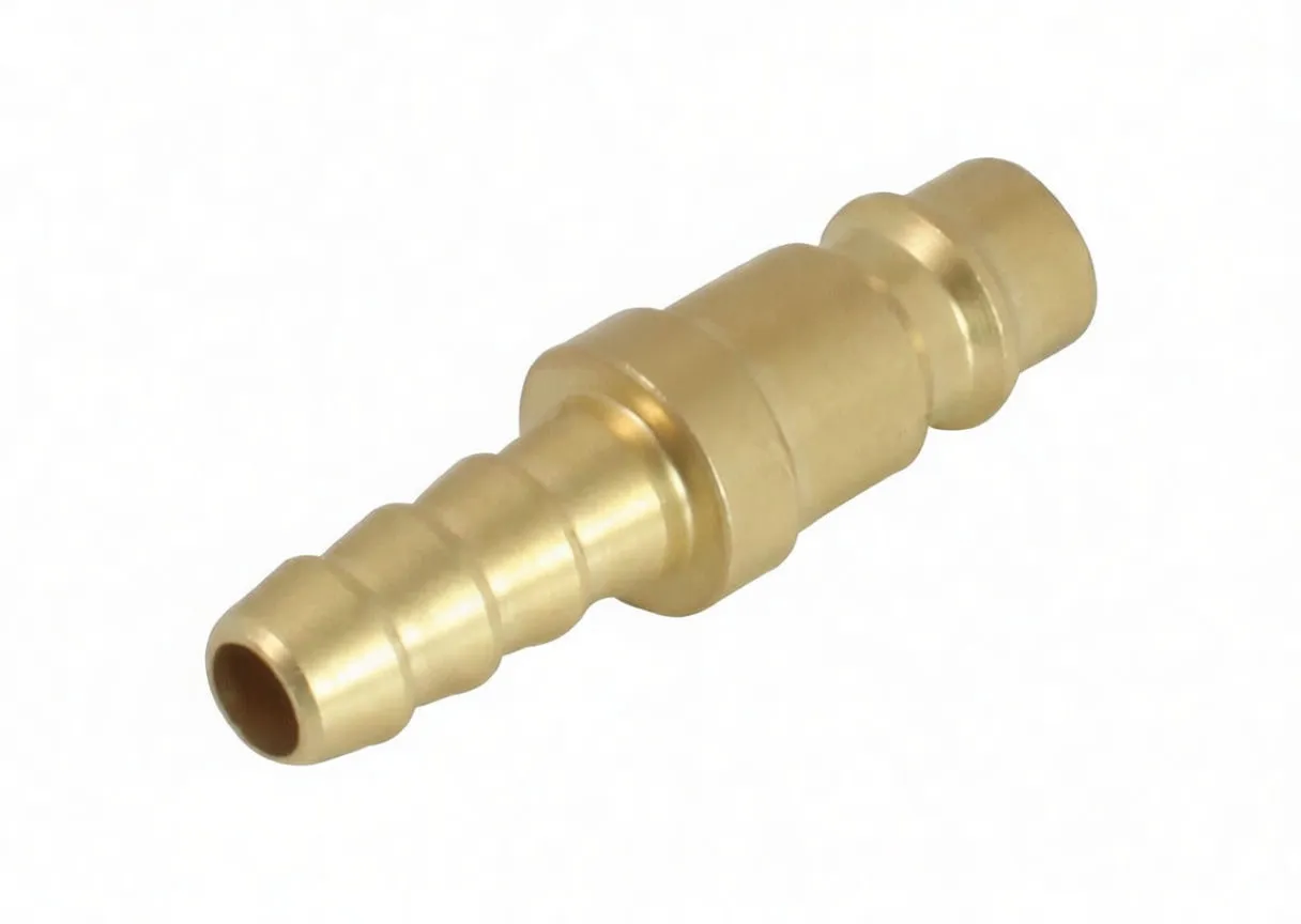 Angled side view of brass quick connector showing barbed tail, stamped collar and quick-connect spigot