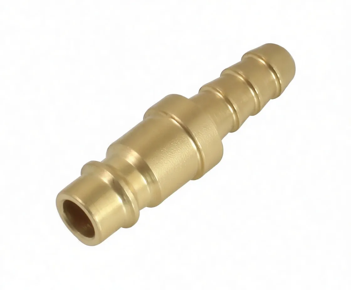 Angled view of brass quick connector showing smooth spigot opening, central stamped collar and barbed tail