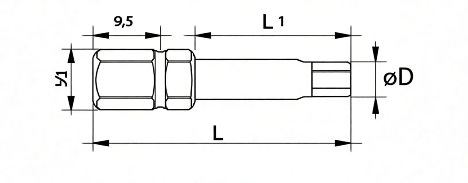 Technical drawing of a hex bit with dimensional callouts (1/4" 6.35 mm, 9.5 mm, L, L1, ØD) and hex tip icon