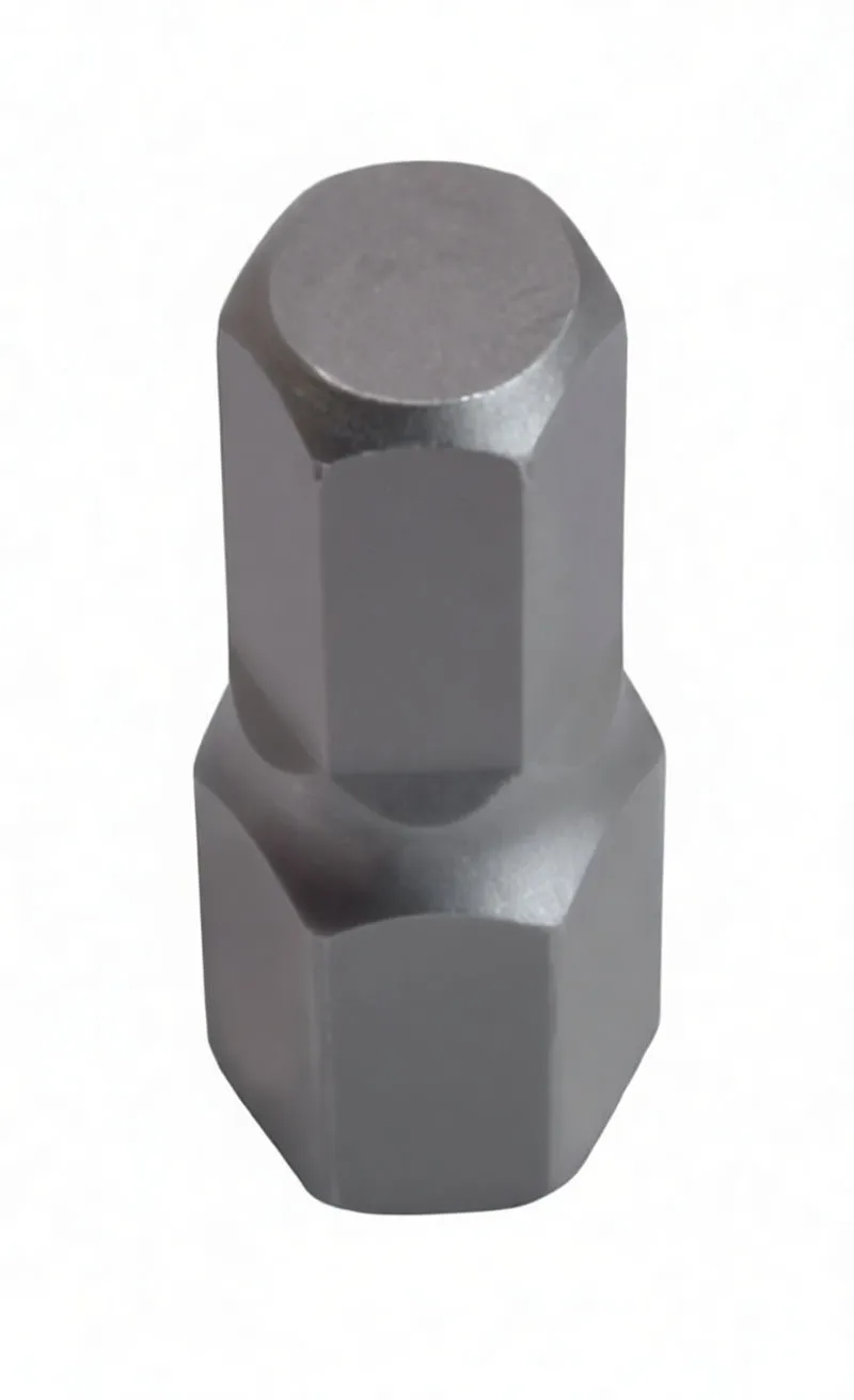 Diagonal view of a short steel hex bit with 'ASTA' logo and chamfered hex ends