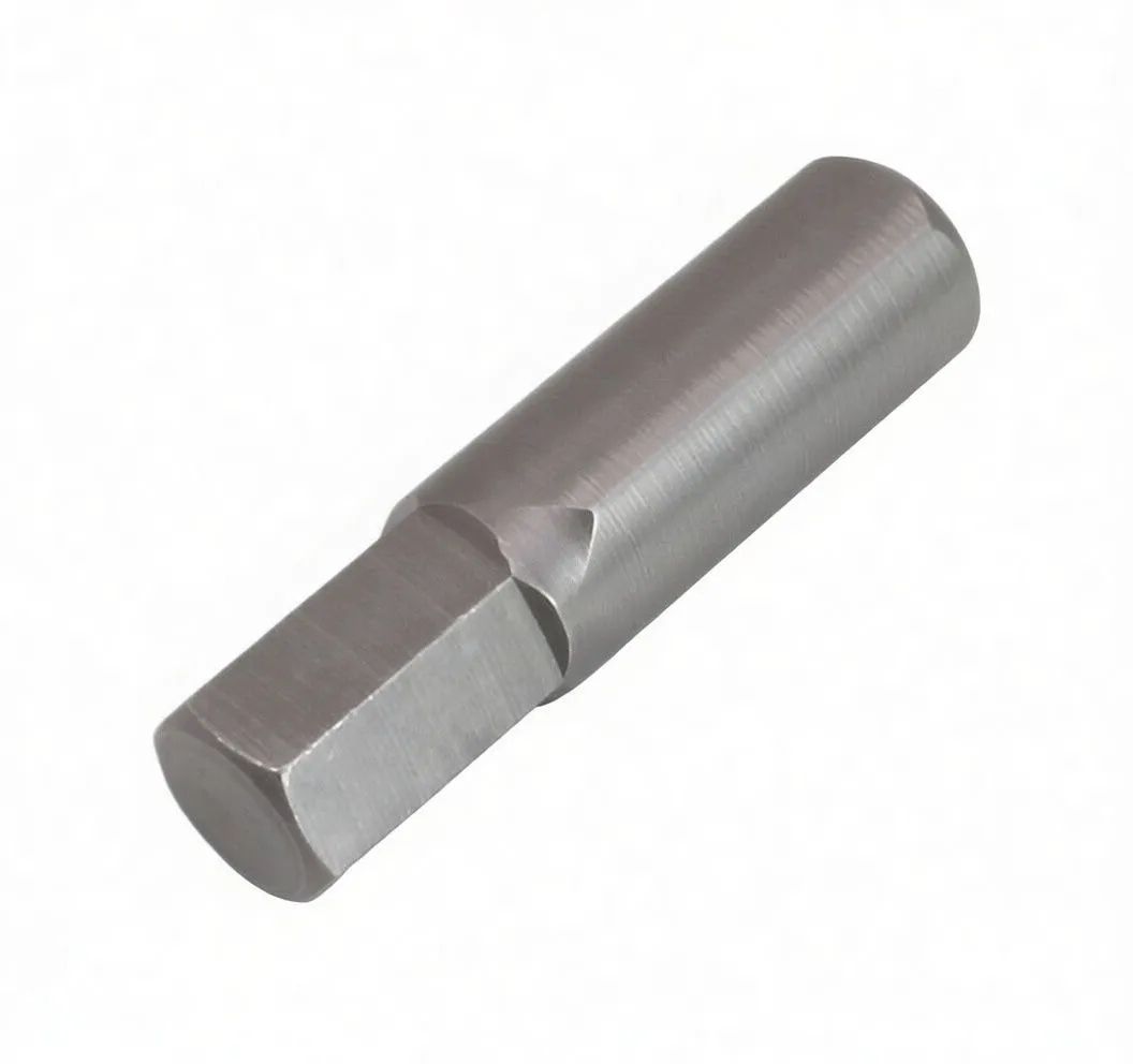 Oblique view of hex driver bit with ASTA embossed on central flat and triangular indentations
