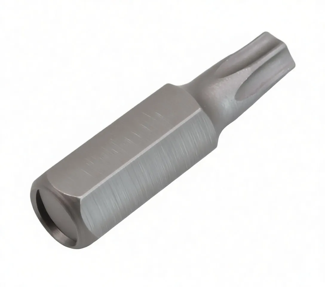 Diagonal view of a security Torx screwdriver bit showing the hollow tamper tip and ASTA logo on the hex shank.