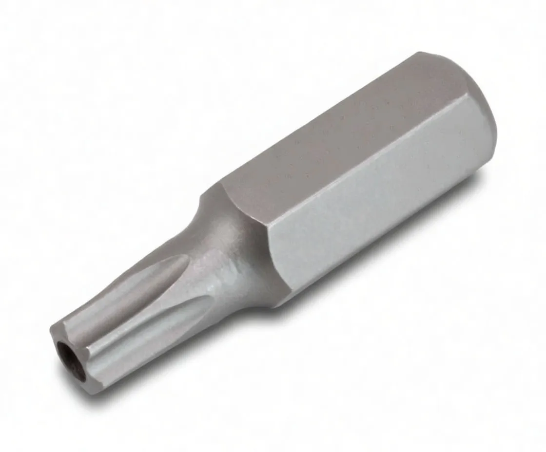 Angled side view of a tamper-proof Torx bit with central hole, hexagonal shank and ASTA engraving.
