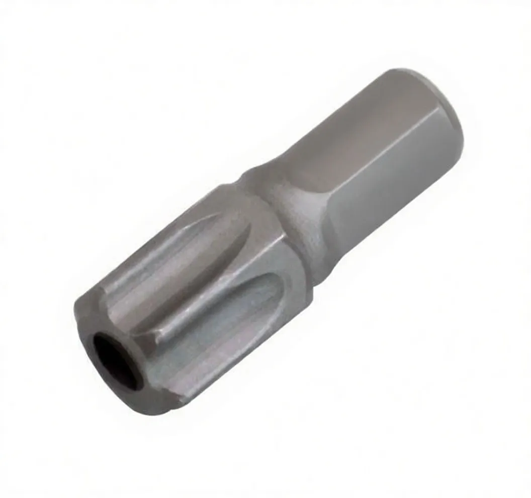Angled side view of tamper Torx bit with stamped logo on shank