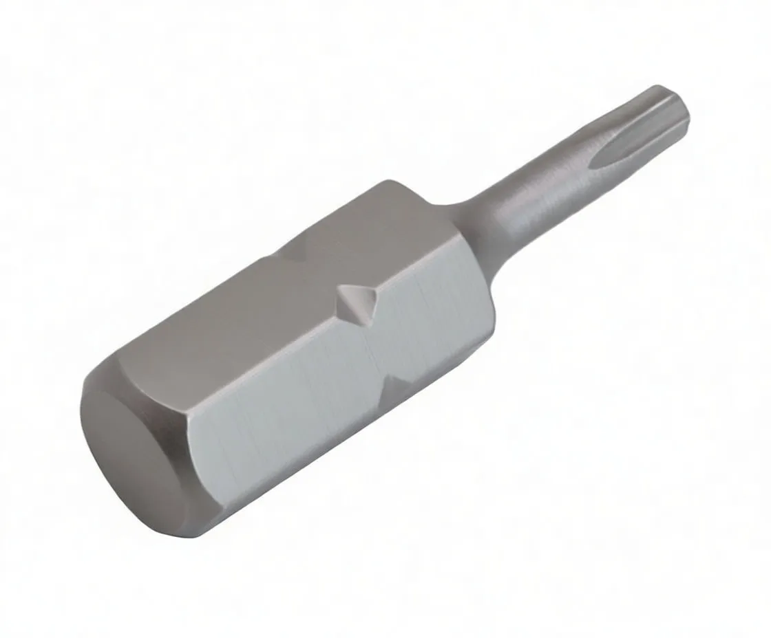 Angled side view of ASTA hex driver bit with tamper Torx tip and engraved logo