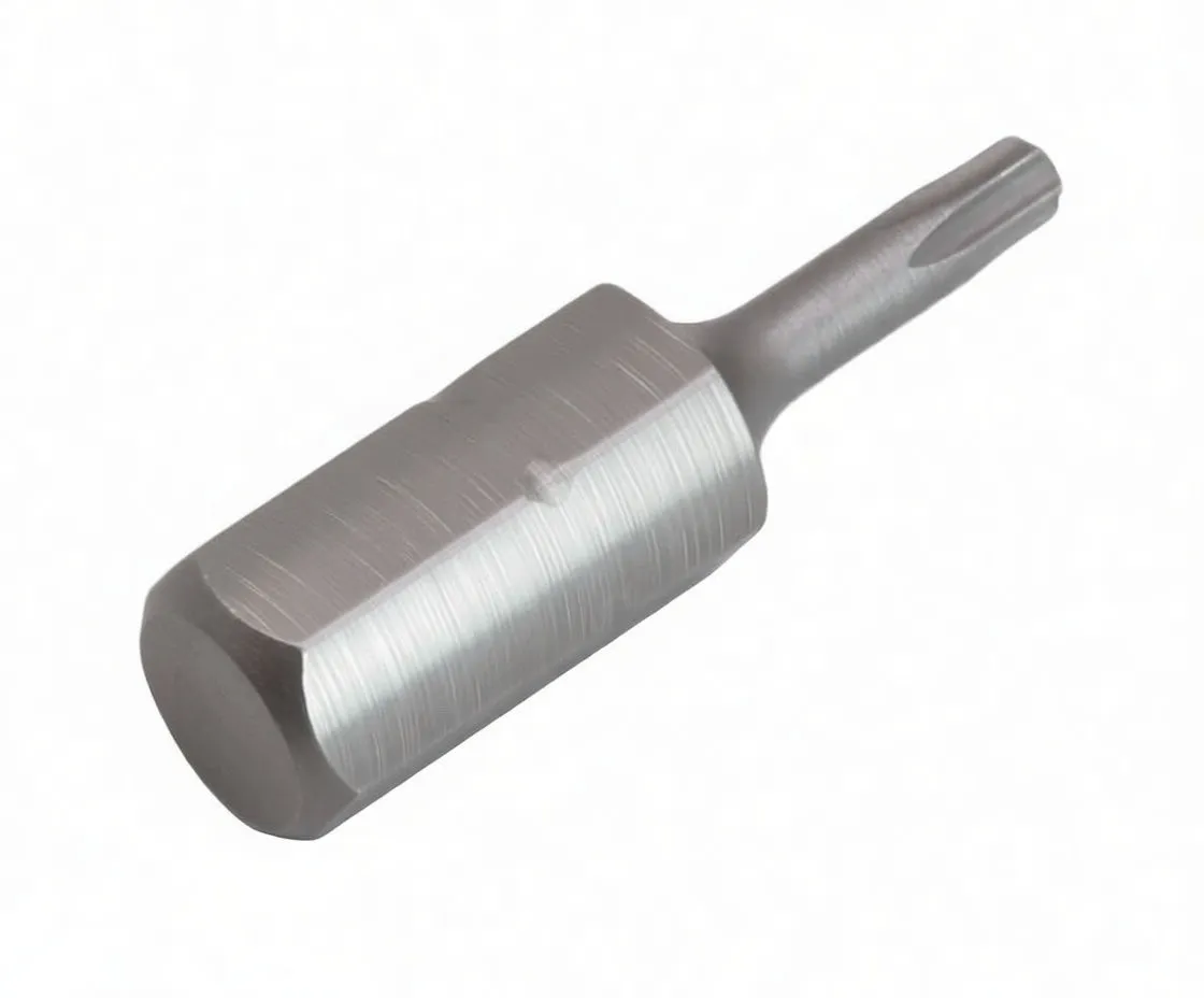 Full-length perspective of tamper Torx bit with hexagonal drive, ASTA mark and centre-pinned Torx tip.