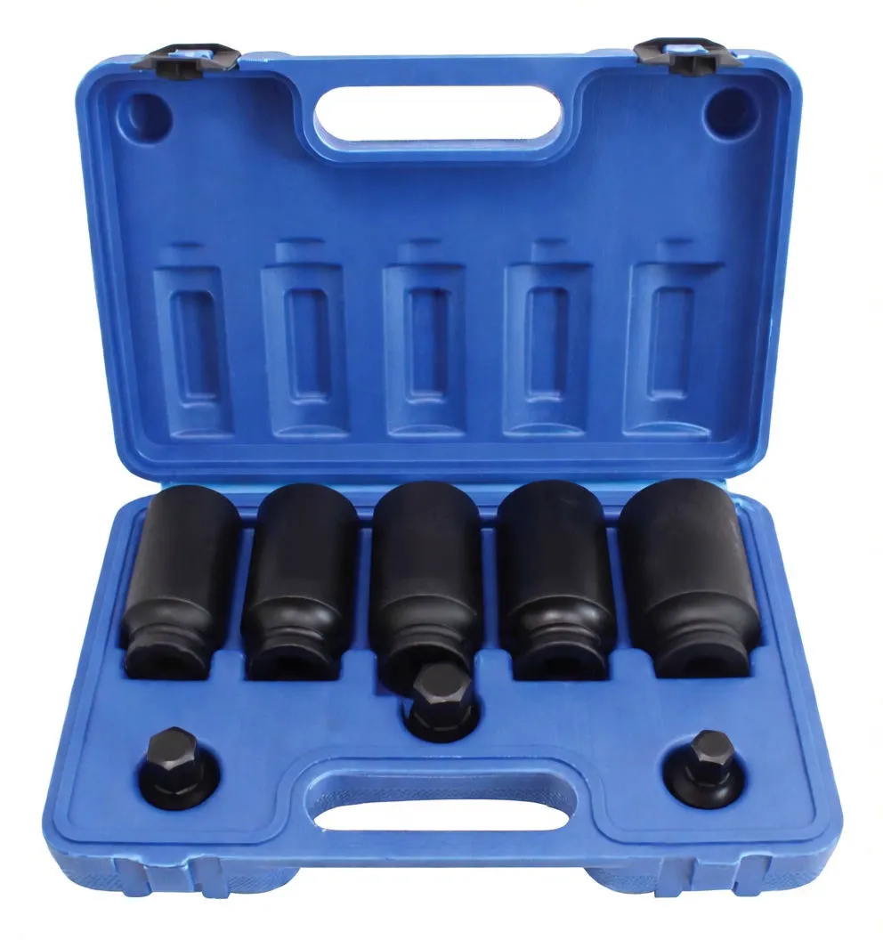 Five 12-point deep impact sockets and three hex adapters laid out, close-up inset showing internal 12-point profile, pieces stamped 'satra CR-MO'