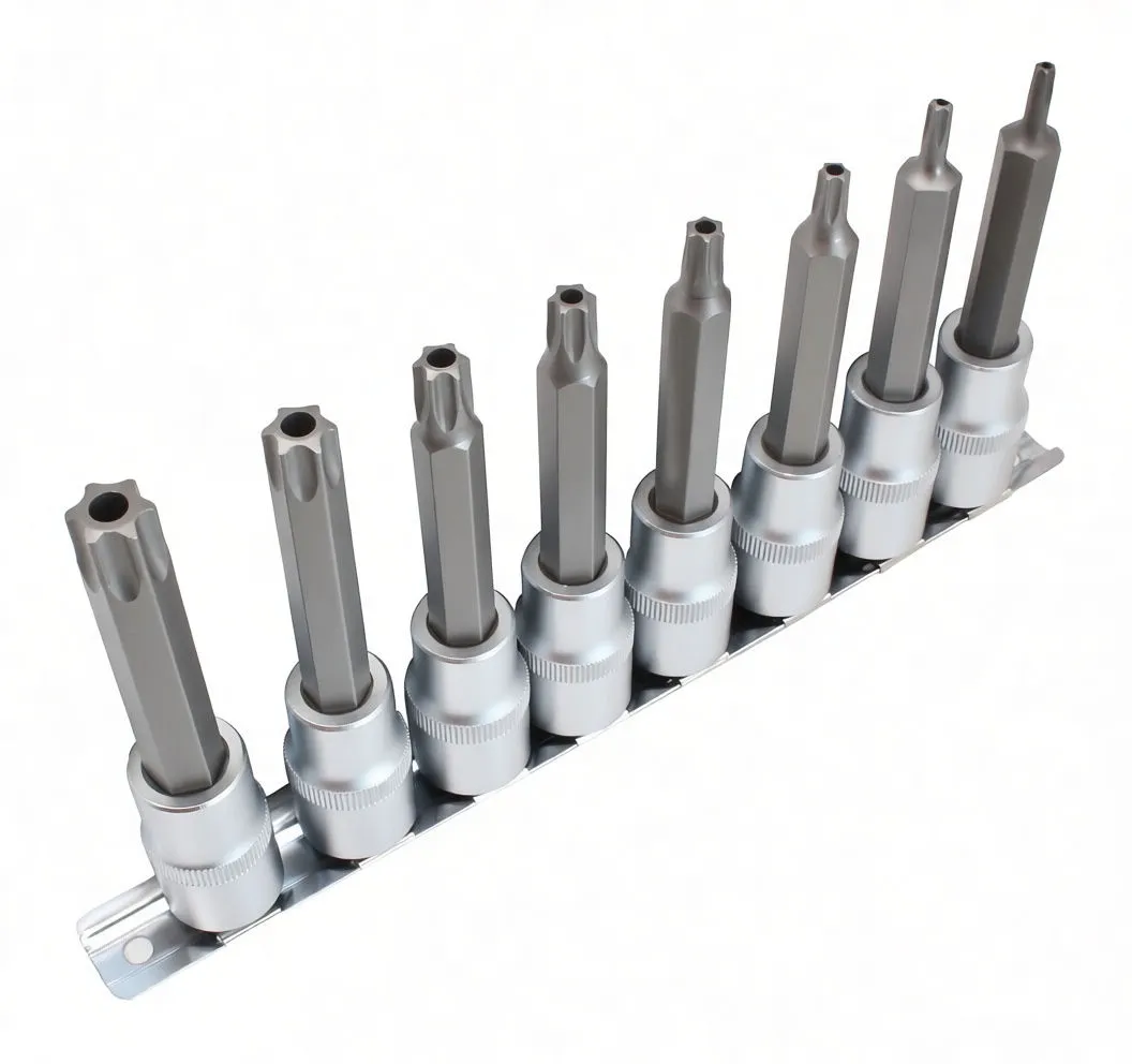 Front view of eight tamper Torx socket bits in a row on a metal rail, showing star tips and chrome socket bodies