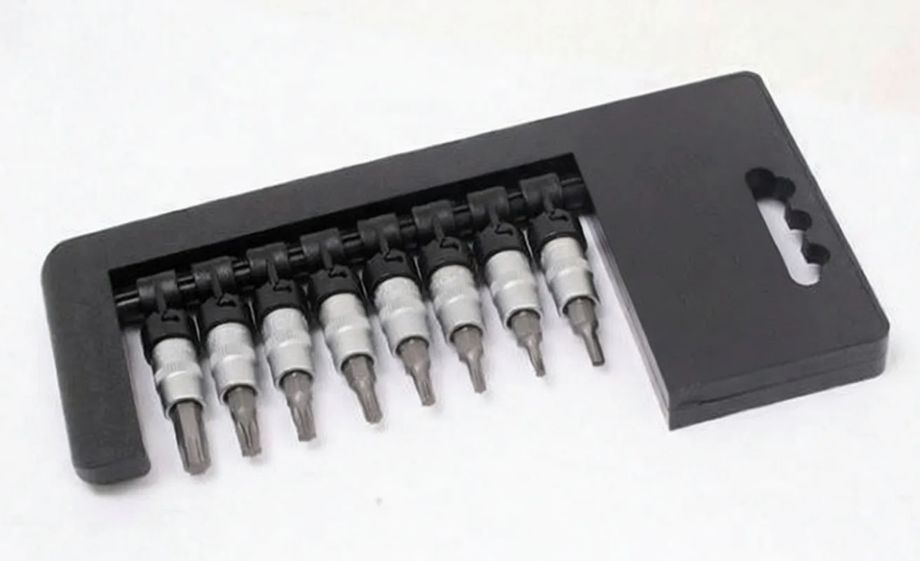 Top view of eight Torx socket bits in black holder, blue ASTA label visible on the right