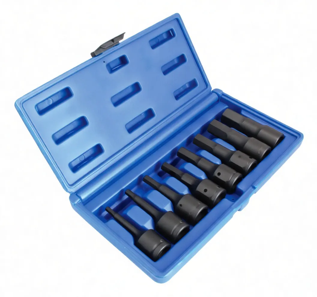 Angled view of an open blue case with eight black hex bit sockets in molded slots, showing bit lengths and white markings on each socket.