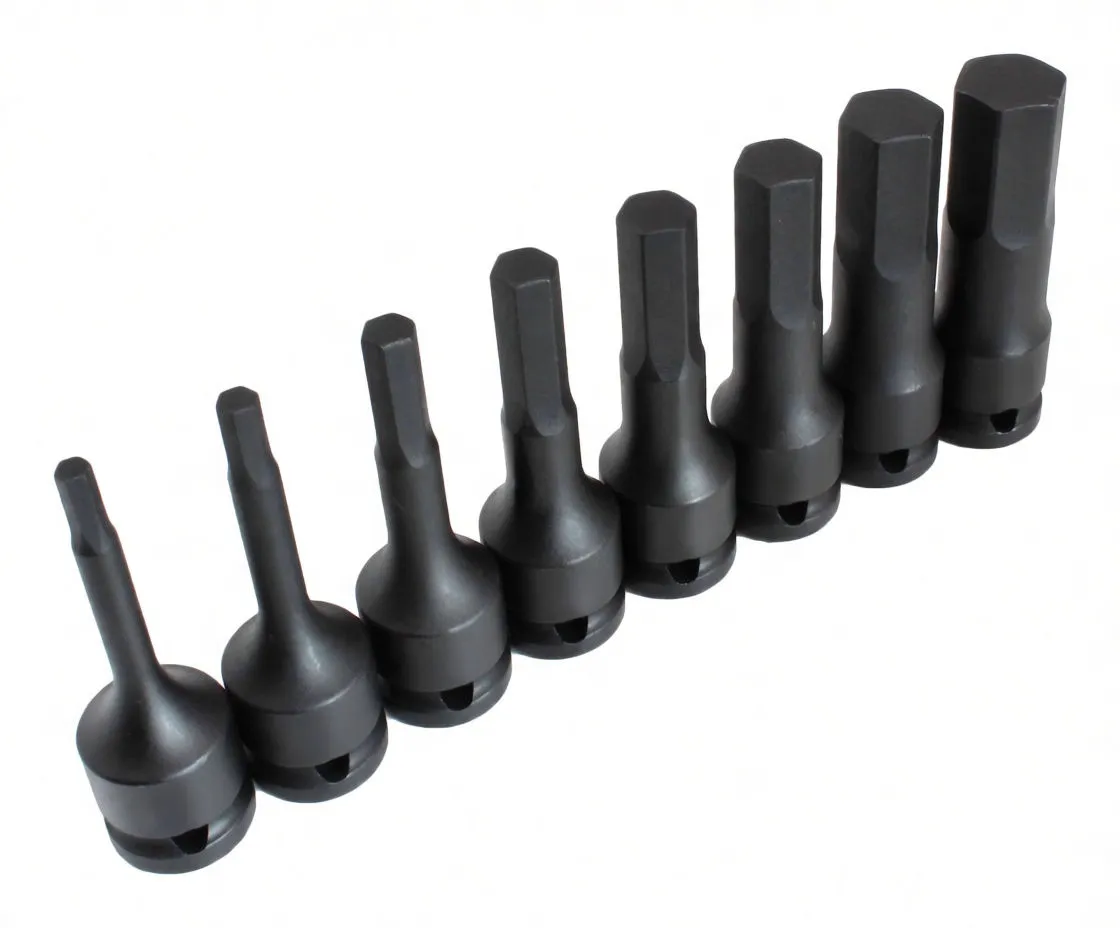 Eight black hex bit sockets arranged on white background showing hex bit ends, round bases with drive recesses and white size markings.