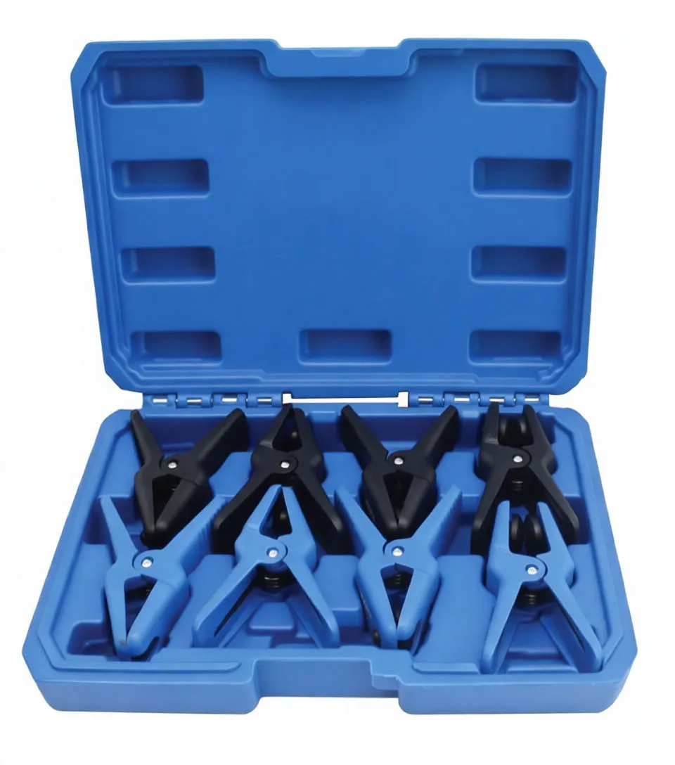 Open case from front showing eight plastic clamps arranged in molded tray
