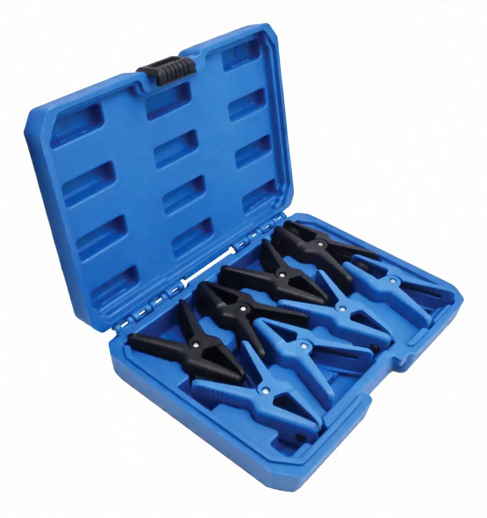 Eight individual blue and black spring clamps laid out showing jaws, rivets, springs, and white brand printing