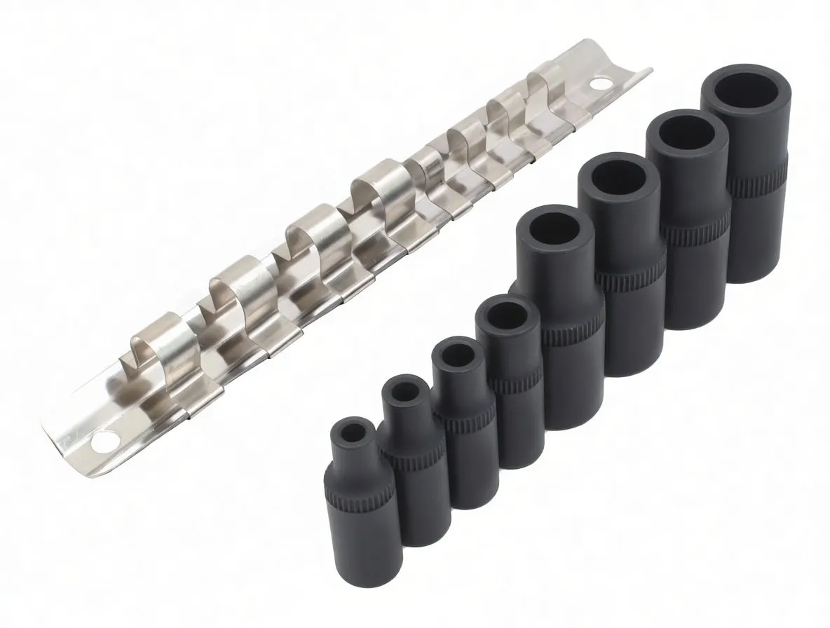 Top-down view into the open ends of eight sockets in a metal rail showing internal magnets and graduated diameters.