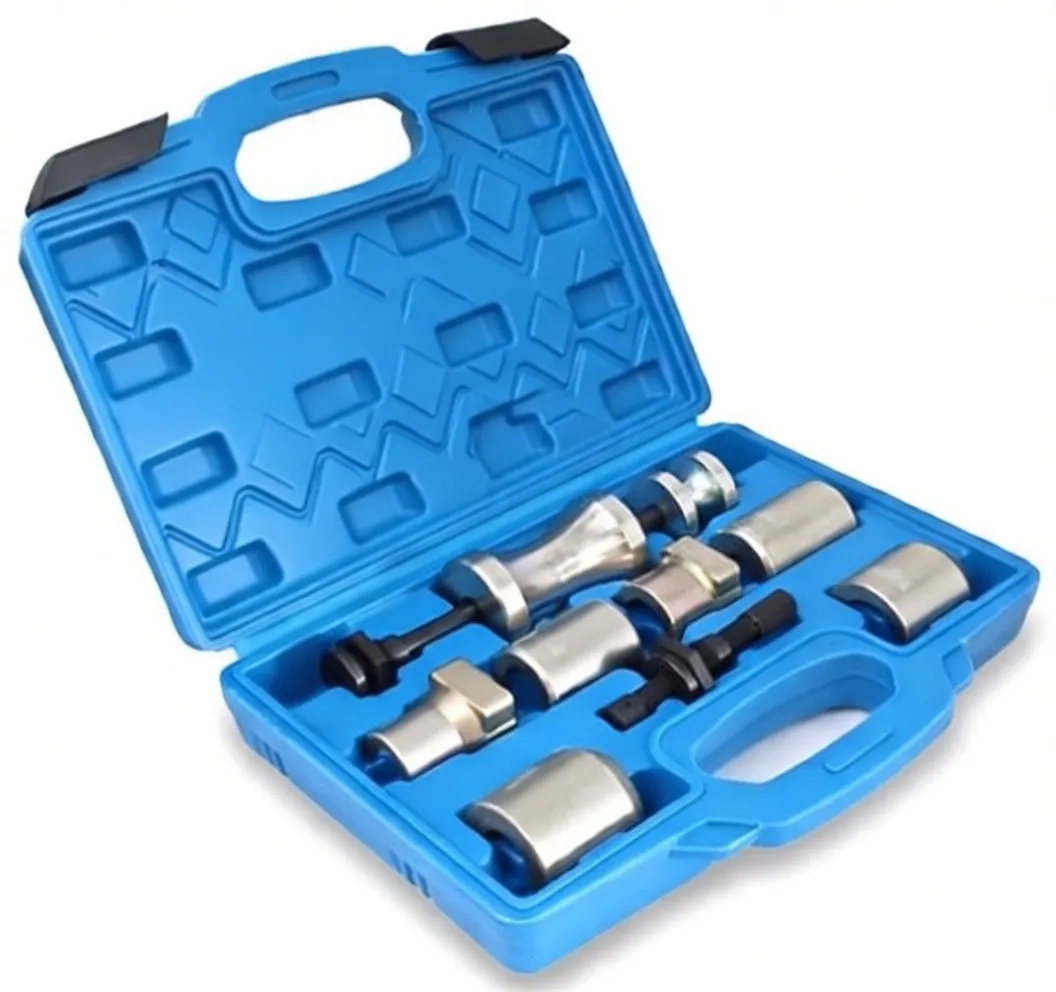 Angled shot of blue tool case with wiper arm puller components and yellow instruction sticker inside lid