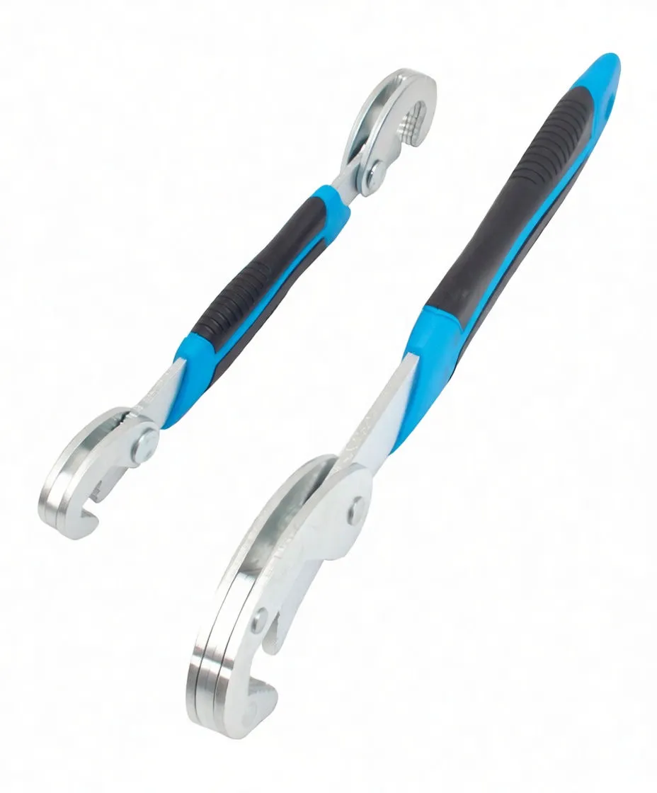 Profile view showing layered curved jaws and blue trimmed handles