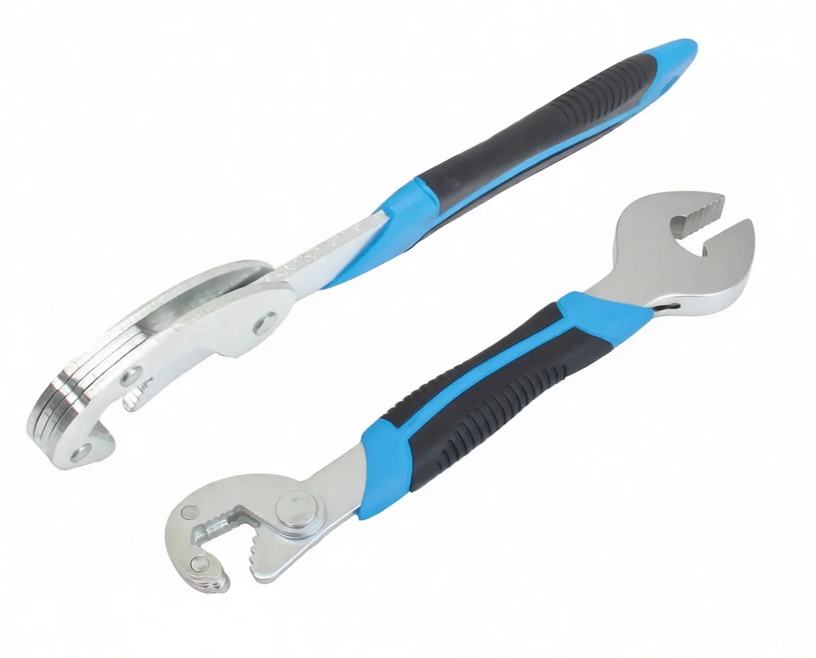 Diagonal view of two adjustable wrenches highlighting internal teeth and handles