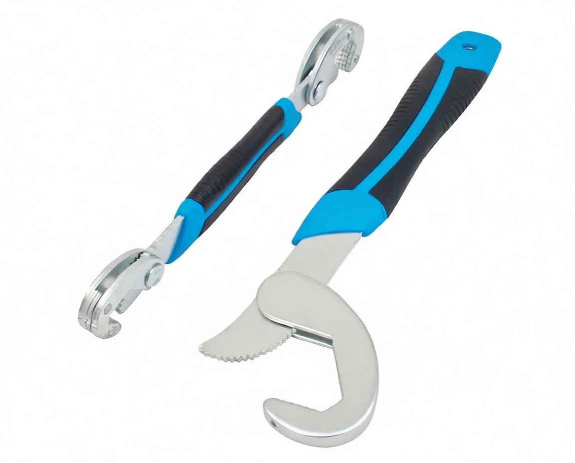 Flat-lay of wrench set with open jaws and blue-black handles