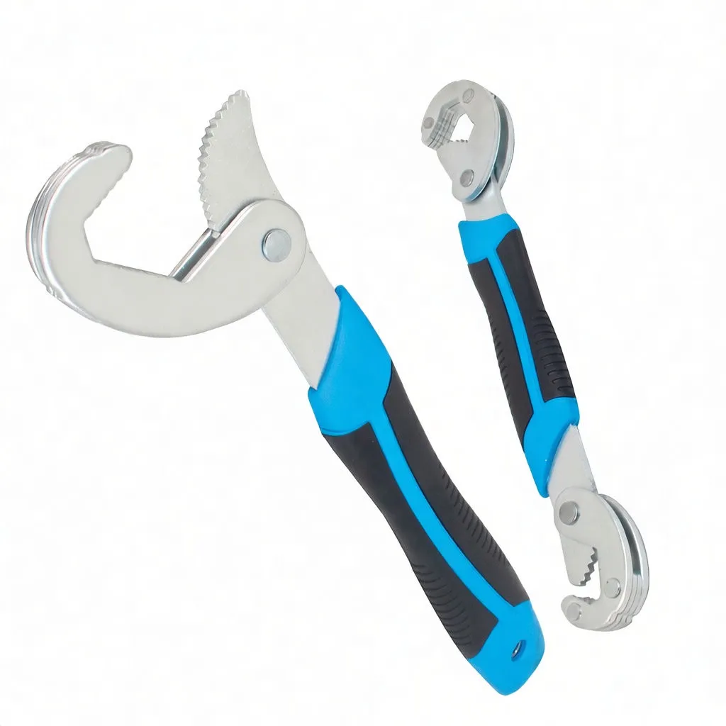 Close-up of wrench jaws and pivot with serrated locking tooth