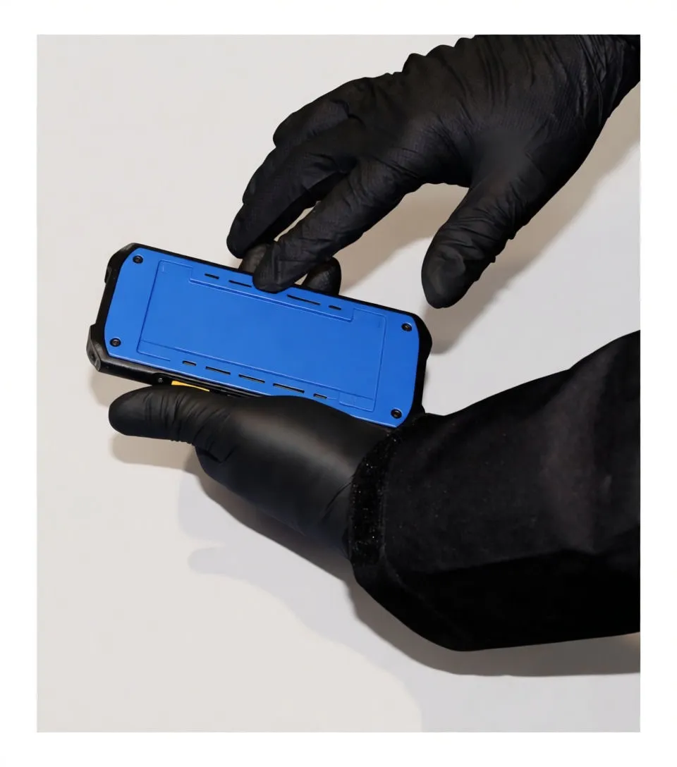 Black nitrile-gloved hands using an impact wrench on a car wheel