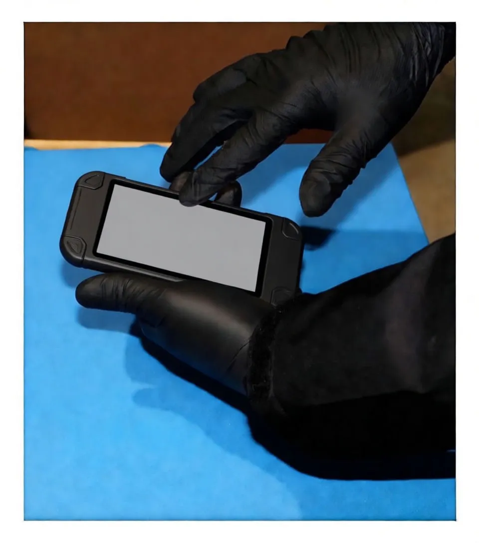 Black nitrile gloves using a Zebra handheld device touchscreen