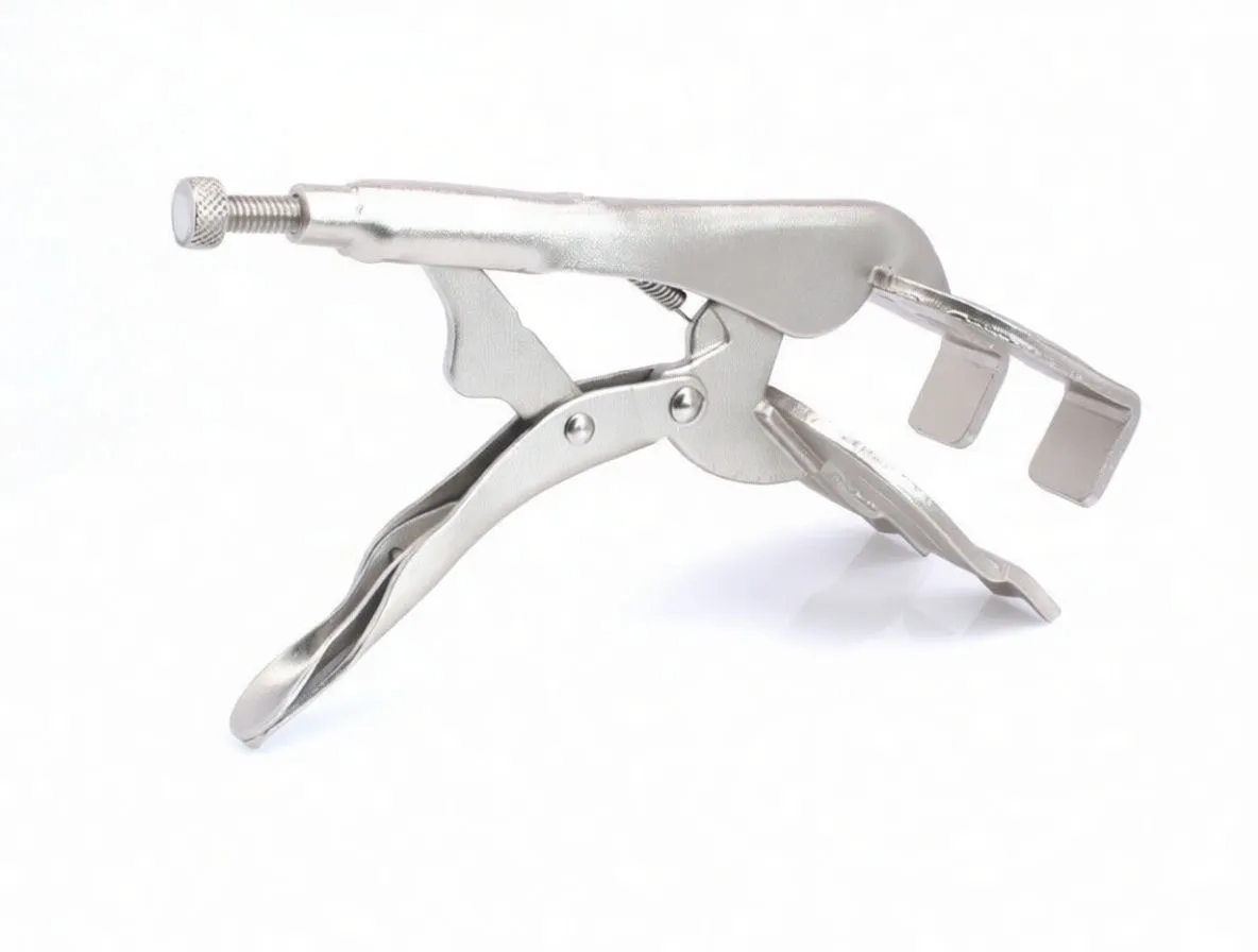Side profile of metal locking plier welding clamp with open dual U-shaped jaws, release lever, riveted linkage and knurled adjustment screw
